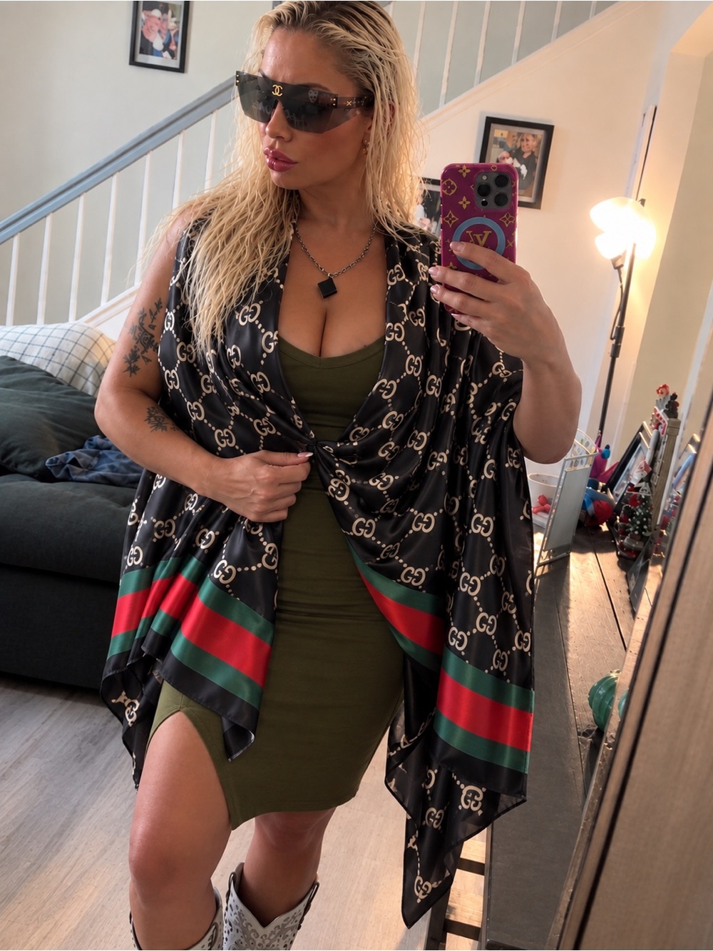 Logo Silk Shawl with Red and Green Stripe